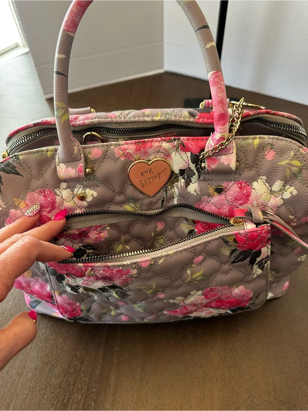 Betsey Johnson quilted floral satchel from her 